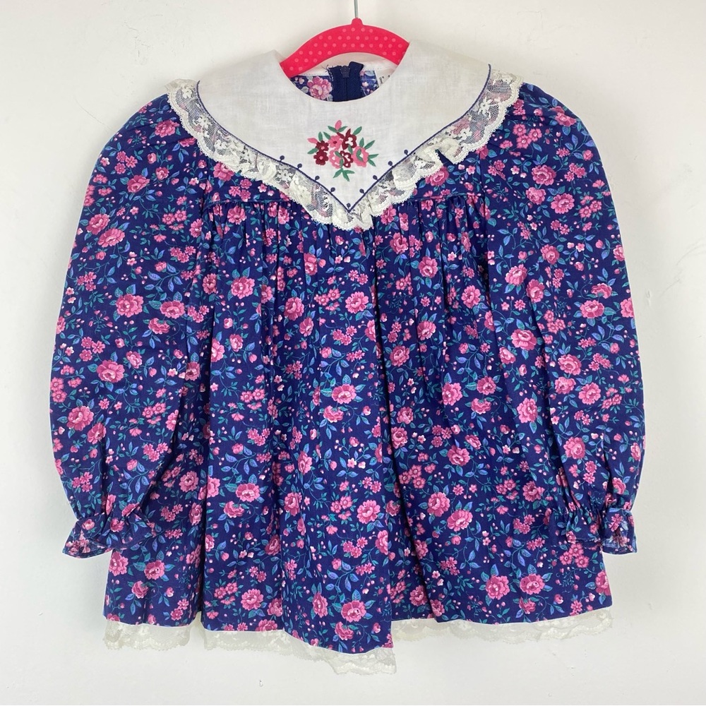 Vintage Ruth Of Carolina Sz 3T Toddler Girls Blue Pink Floral Long Sleeve Dress